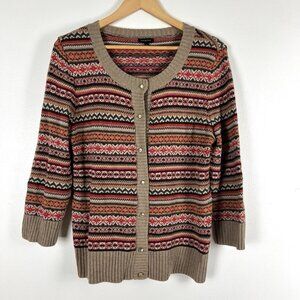 Talbots Fair Isle Wool Blend Button Up Cardigan Sweater 3/4 Sleeve sz L Soft